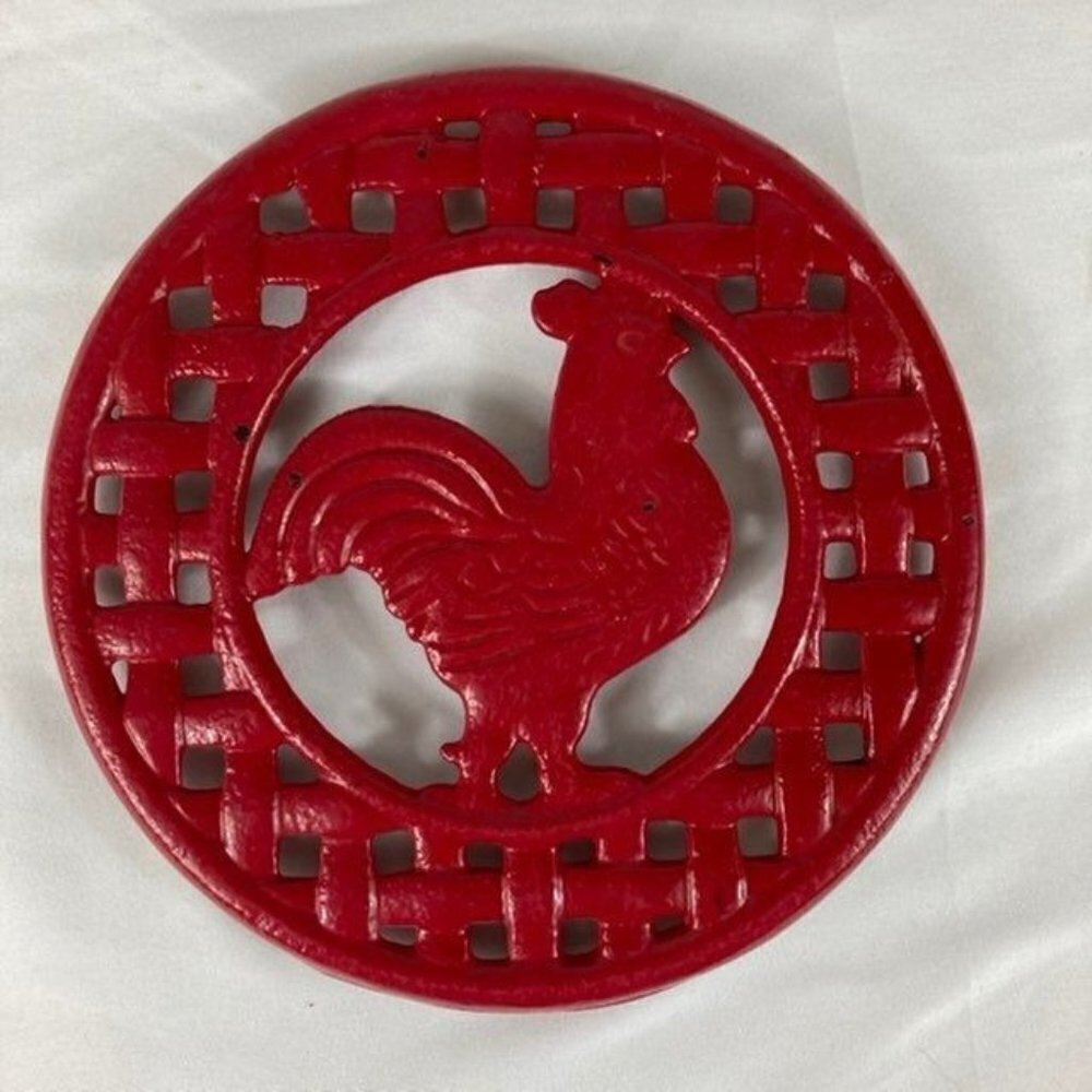 Vintage Cast Iron Red Rooster Table Trivet 8"‎ #2